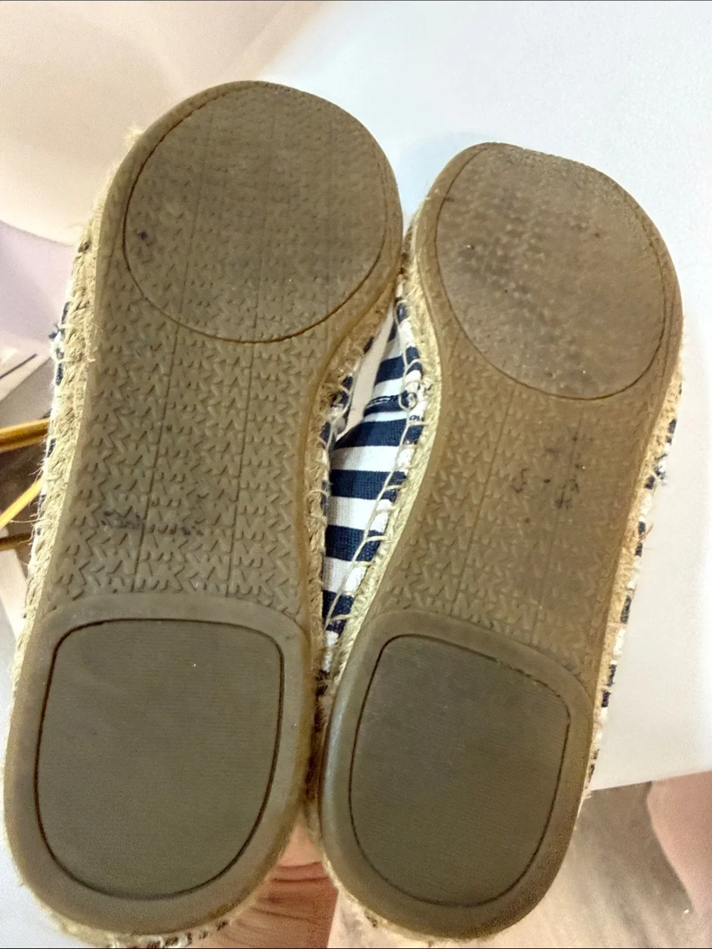 Michael Kors Navy & White Striped Espadrille Flats with Brown Trim